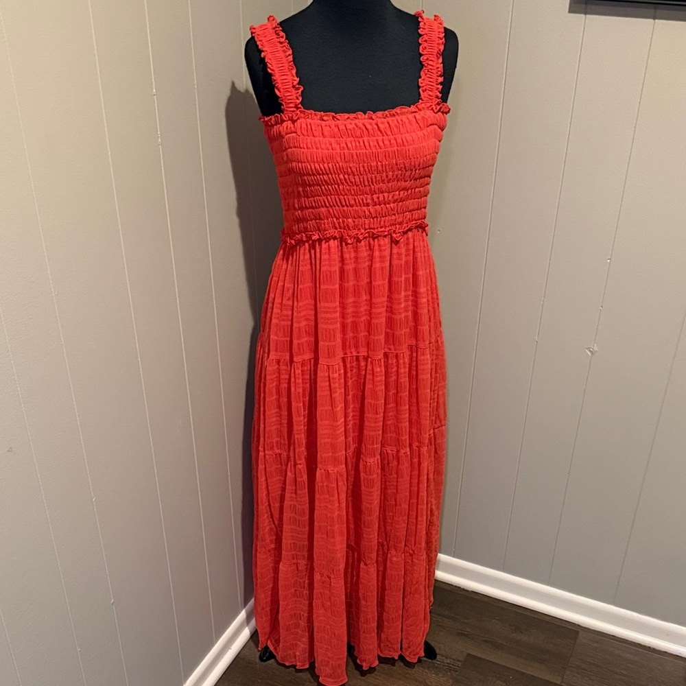 B30 Max Studio Women Small Bold Red Smocked Maxi Tank Dress Boho Preppy